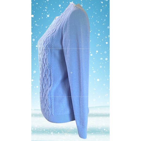 Talbots Petite Medium Blue Lambswool Blend Cable Knit Sweater Button Shoulder MP - Picture 6 of 8